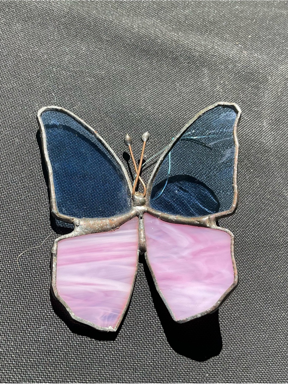 Estate Stained Glass Butterfly Brooch in Navy Blue and Pink